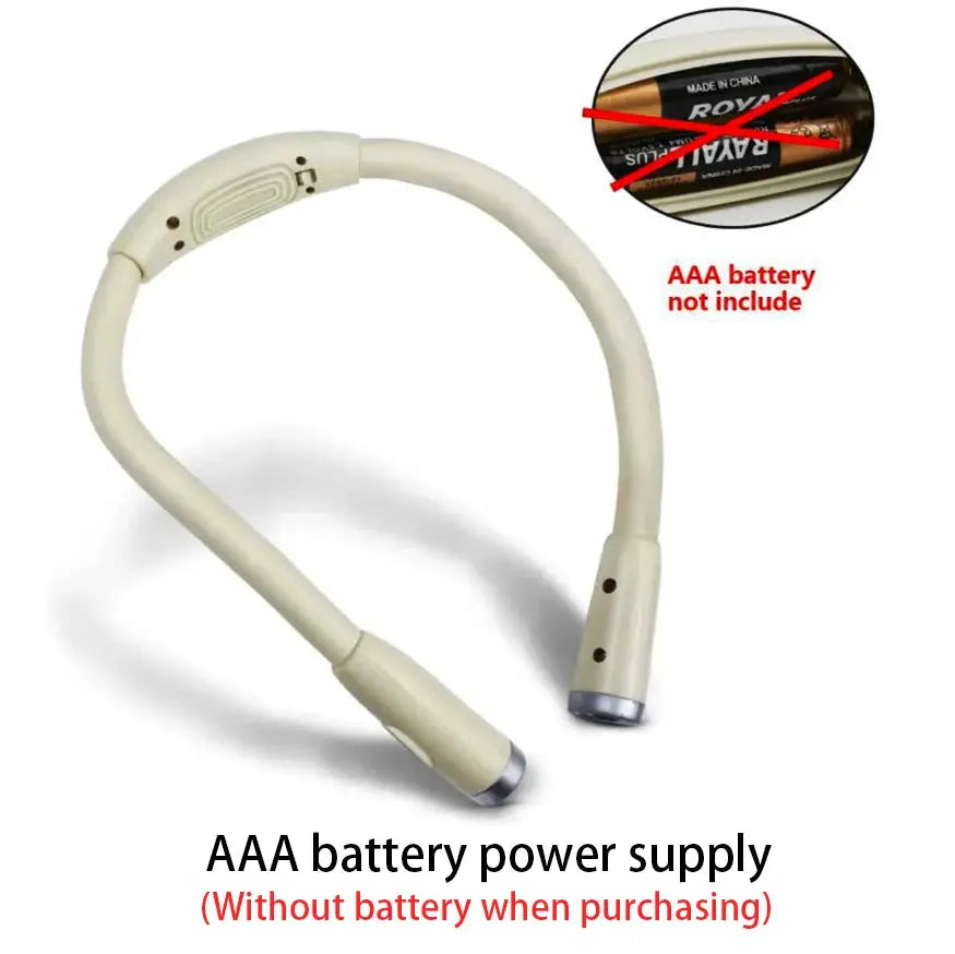 Beige LED neck reading light with flexible neck; AAA battery power supply (batteries not included)