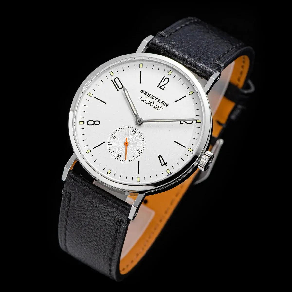 SEESTERN men's automatic watch with white dial, black leather strap, silver case, and small seconds subdial