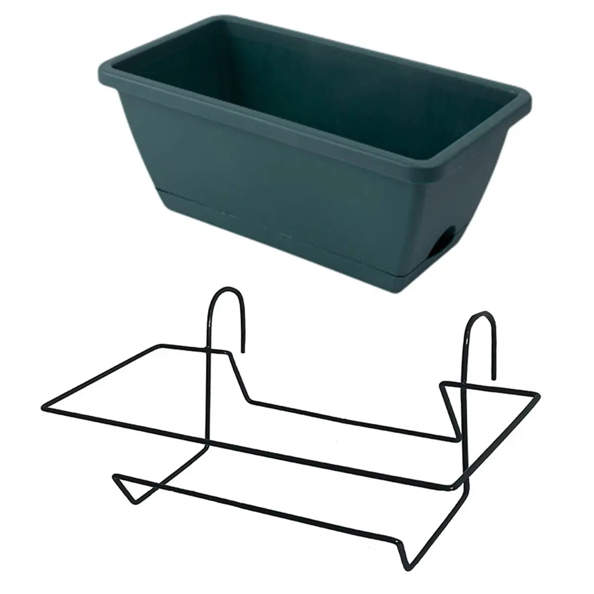 Balcony planter set: rectangular dark green plastic planter with tray and black metal hanging rack