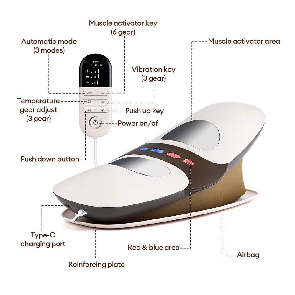Electric lumbar traction massager by Simples Market with remote, white and brown body, adjustable vibration