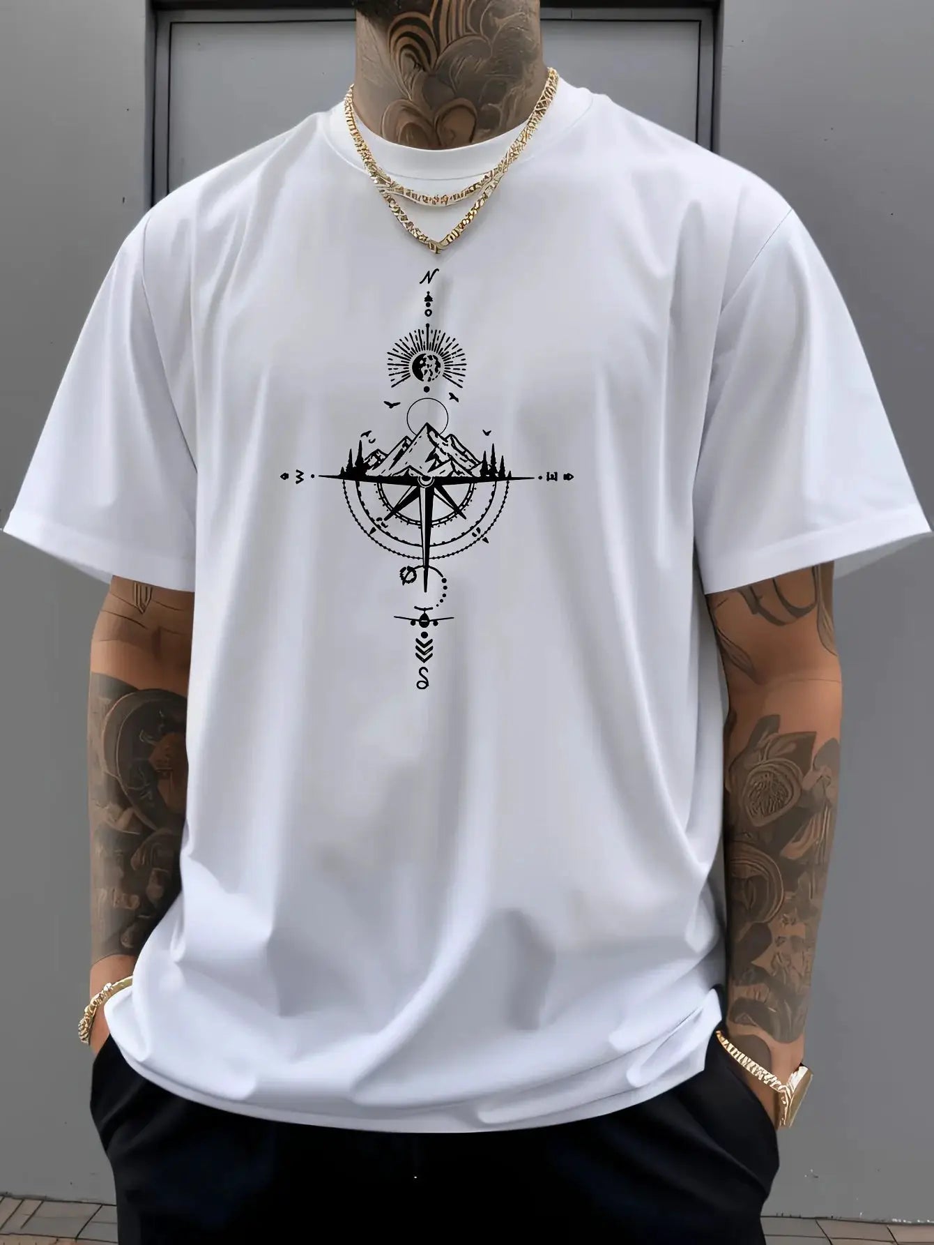 Mens 100 Percent Cotton Summer Casual T Shirt Loose Oversized Retro Compass Print Round Neck Short Sleeve