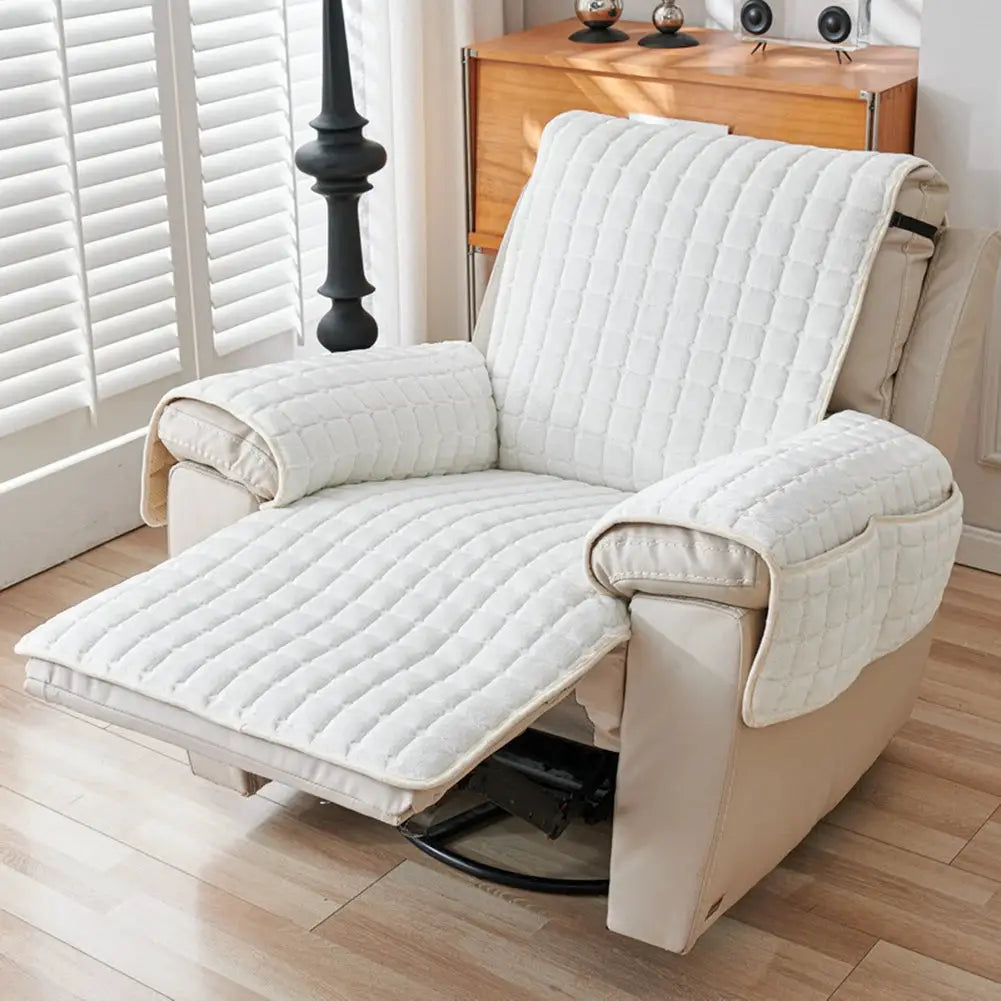 Recliner chair cover in beige, quilted plush with padded armrests and extended footrest