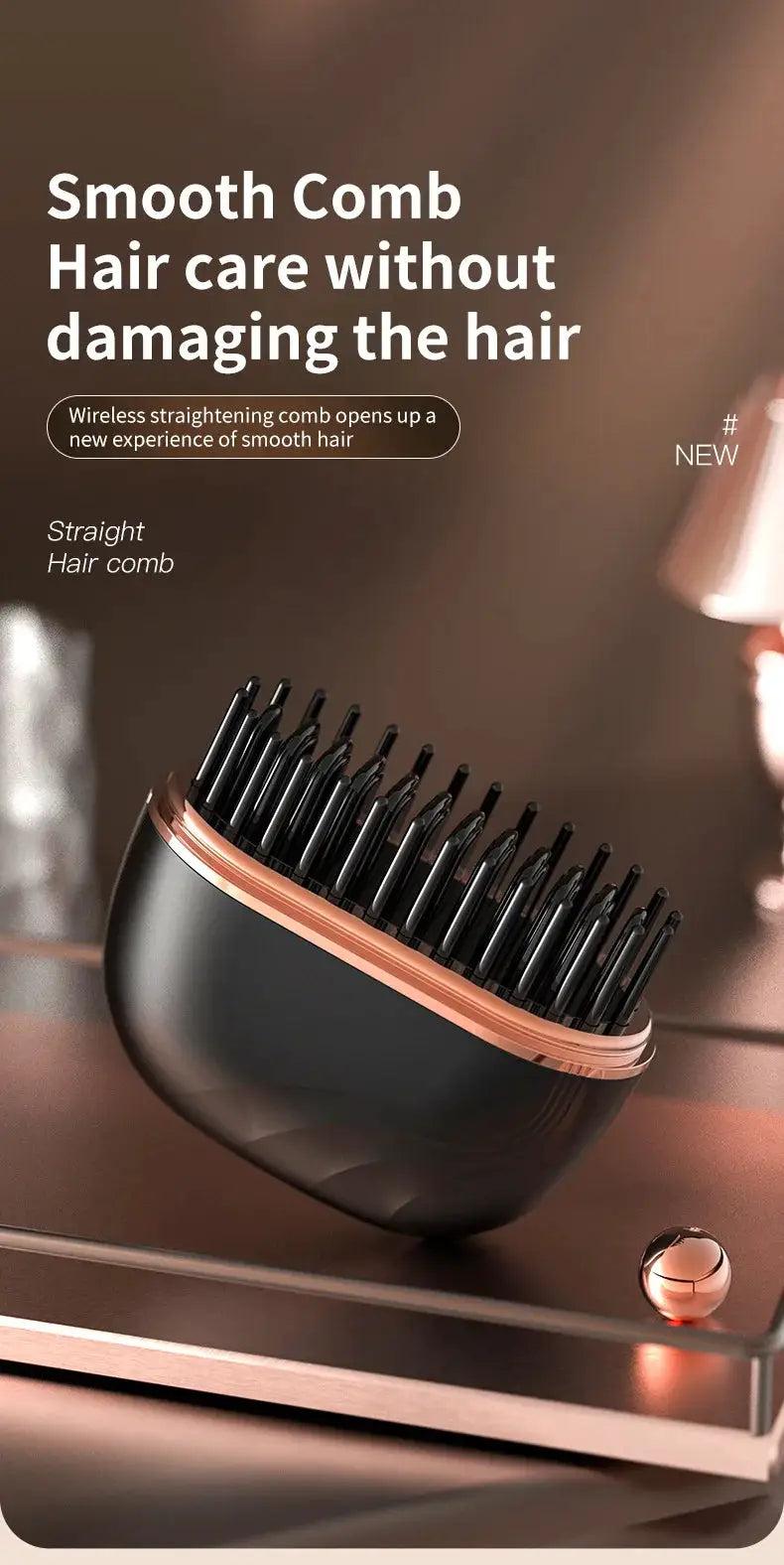 Mini cordless hair straightener brush by Simples Market, USB rechargeable, anti-scald with rose-gold trim