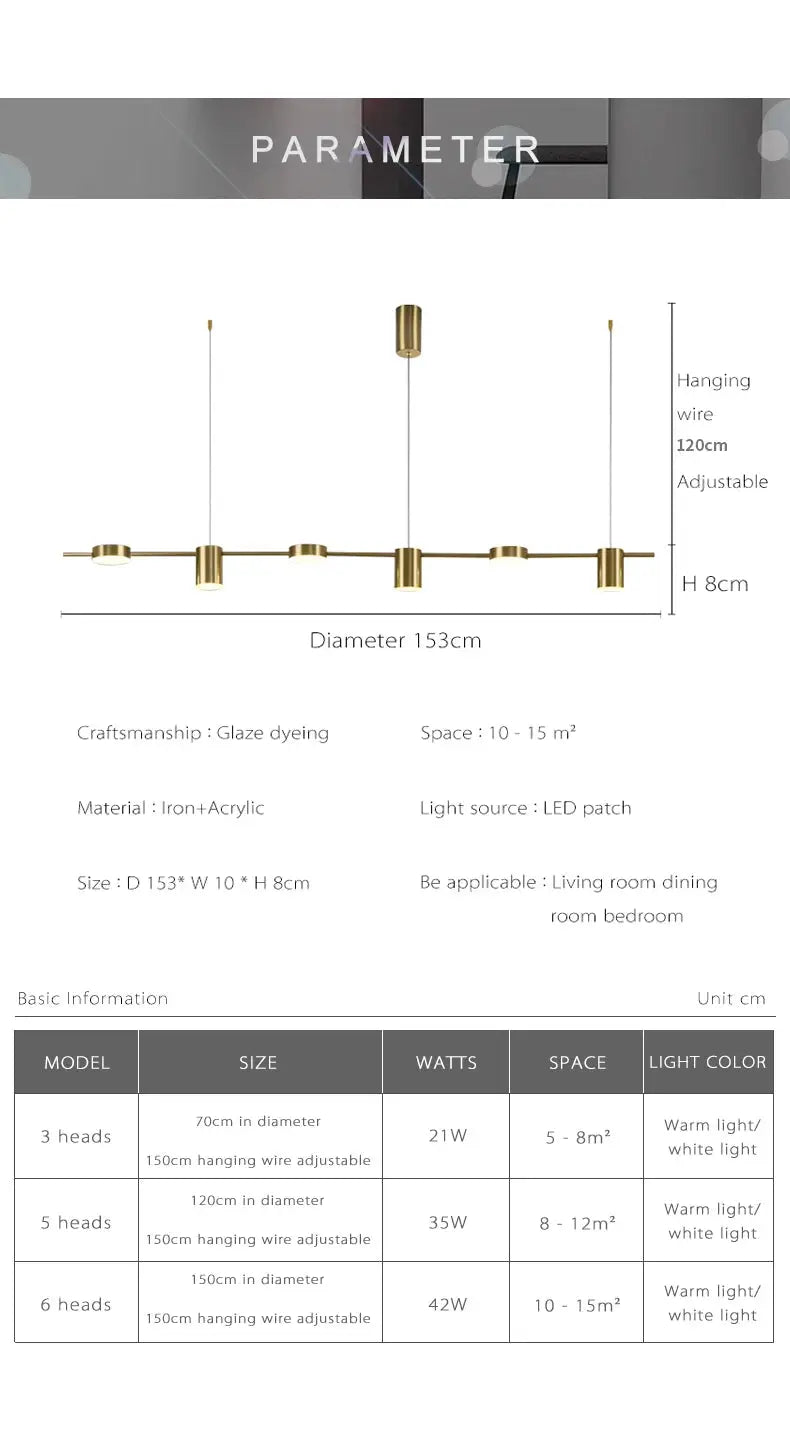 Modern LED chandelier in gold-brass finish with acrylic light heads on a long bar for living room ceiling.