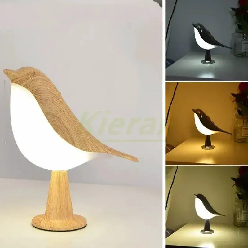 Magpie LED desk lamp with touch control, white body and wood-toned wings on a wooden stand