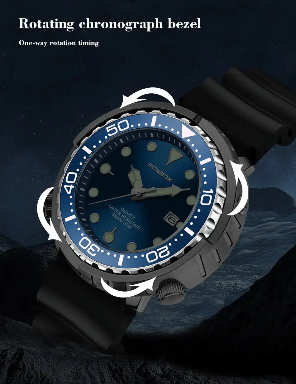 LIGE diver watch with blue dial and blue bezel, black rubber strap