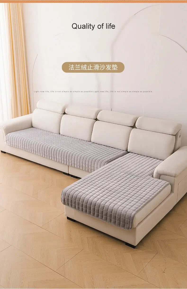 Flannel sofa cover for beige sectional; grey quilted plush seat cushions and backrest covers