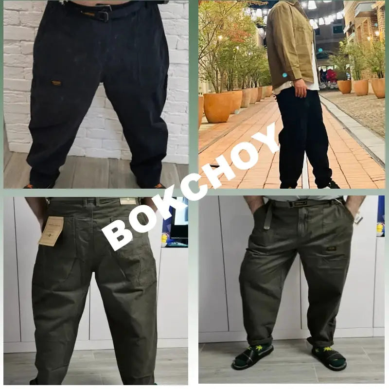 Simples Market men's pure cotton cargo pants set in four colors (black, olive, gray, khaki) with mid-waist belt.