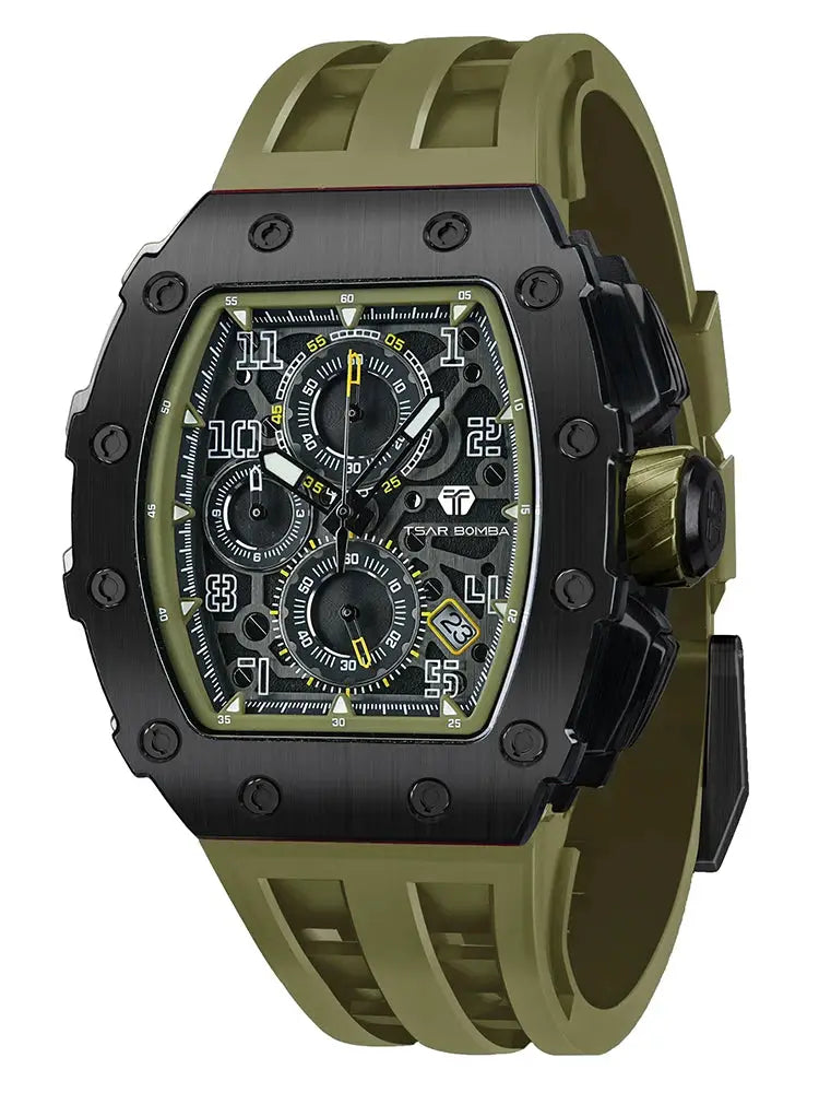 TSAR BOMBA men's luxury tonneau chronograph watch with black case and olive silicone strap