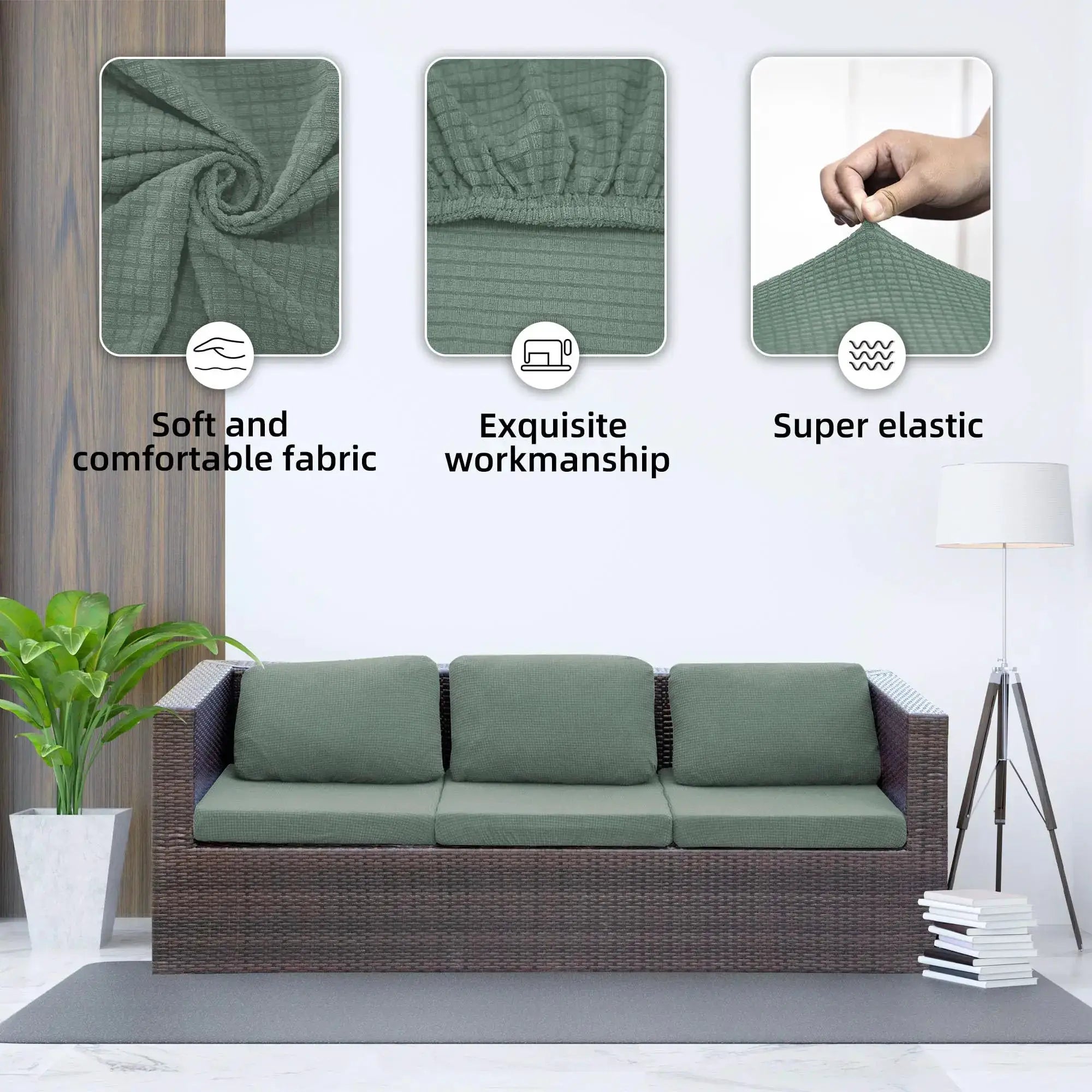 Jacquard patio sofa cushion covers in olive green waffle fabric