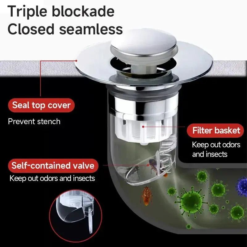 Simples Market universal basin pop-up drain filter with chrome finish and filter basket for sink, tub, or shower