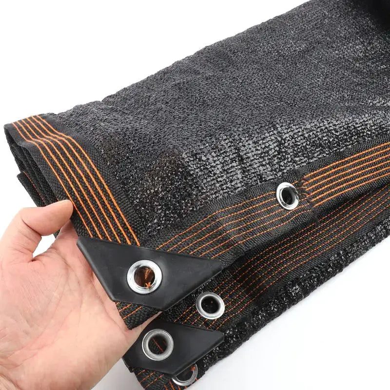 Shade cloth 6x6m black with metal grommets and orange reinforced edges, outdoor sunshade mesh.
