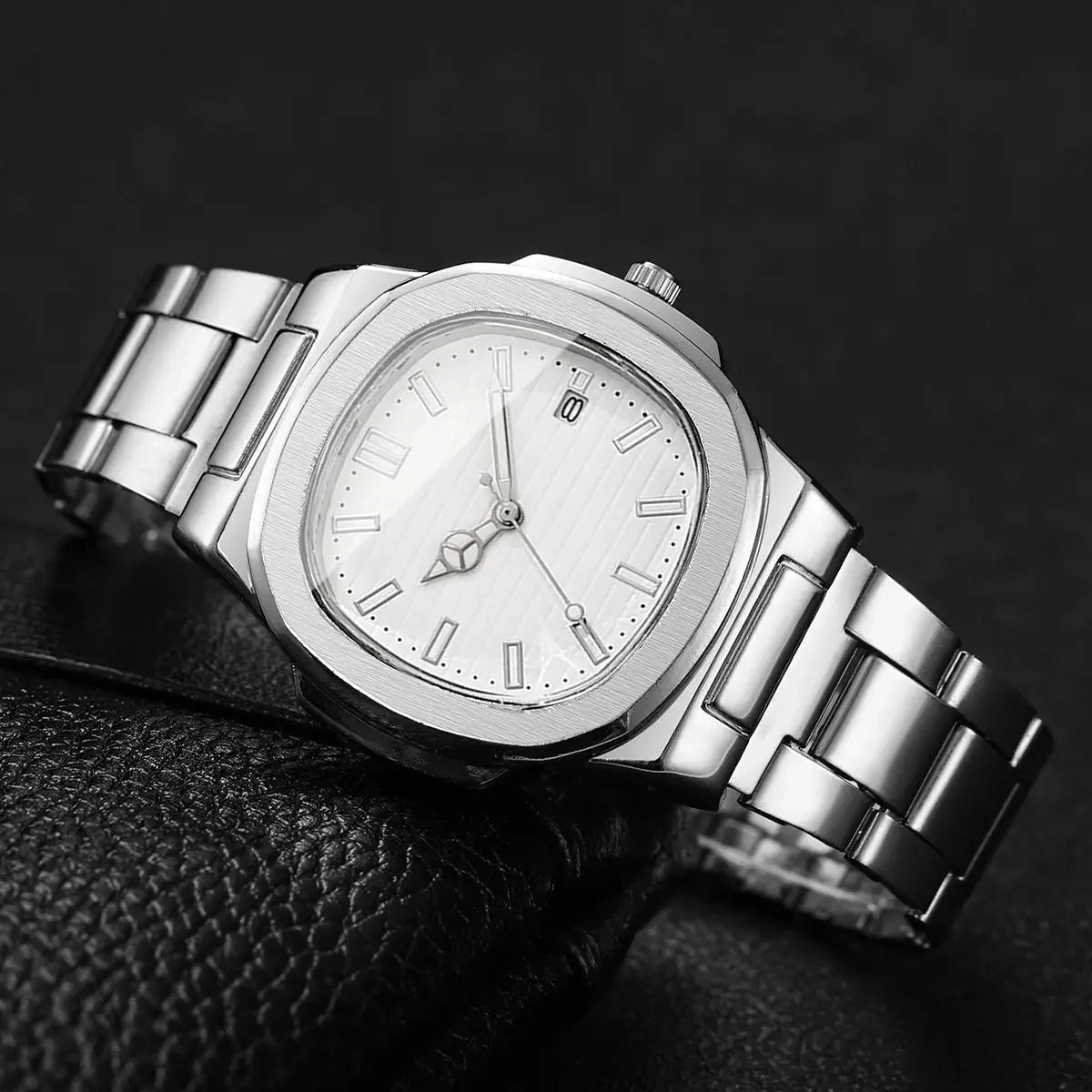 Men Fashion Wristwatches Business Square Dial Stainless Steel Strap Quartz Watch with Calendar For Mens Clock（Without Box）