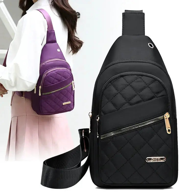 Two bags: black quilted minimalist chest bag and purple quilted mini backpack by Simples Market