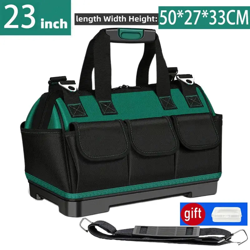 Simples Market 23-inch tool bag in green and black, 1680D Oxford fabric, waterproof, with front pockets and strap