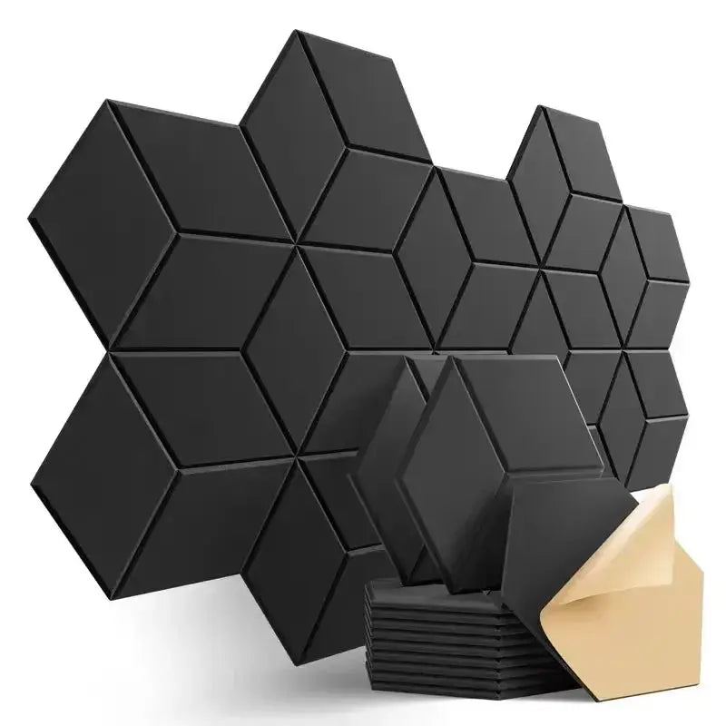 12 pcs self-adhesive hexagon sound insulation foam panels in black for studio or office walls by Simples Market