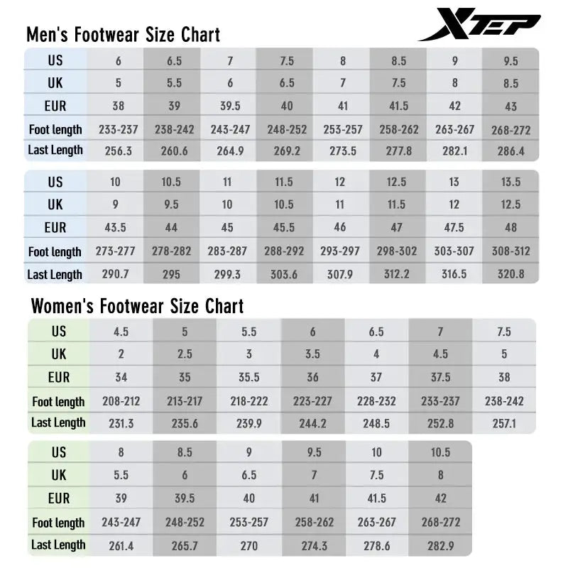 Xtep men's and women's footwear size charts showing US/UK/EU sizes and foot lengths