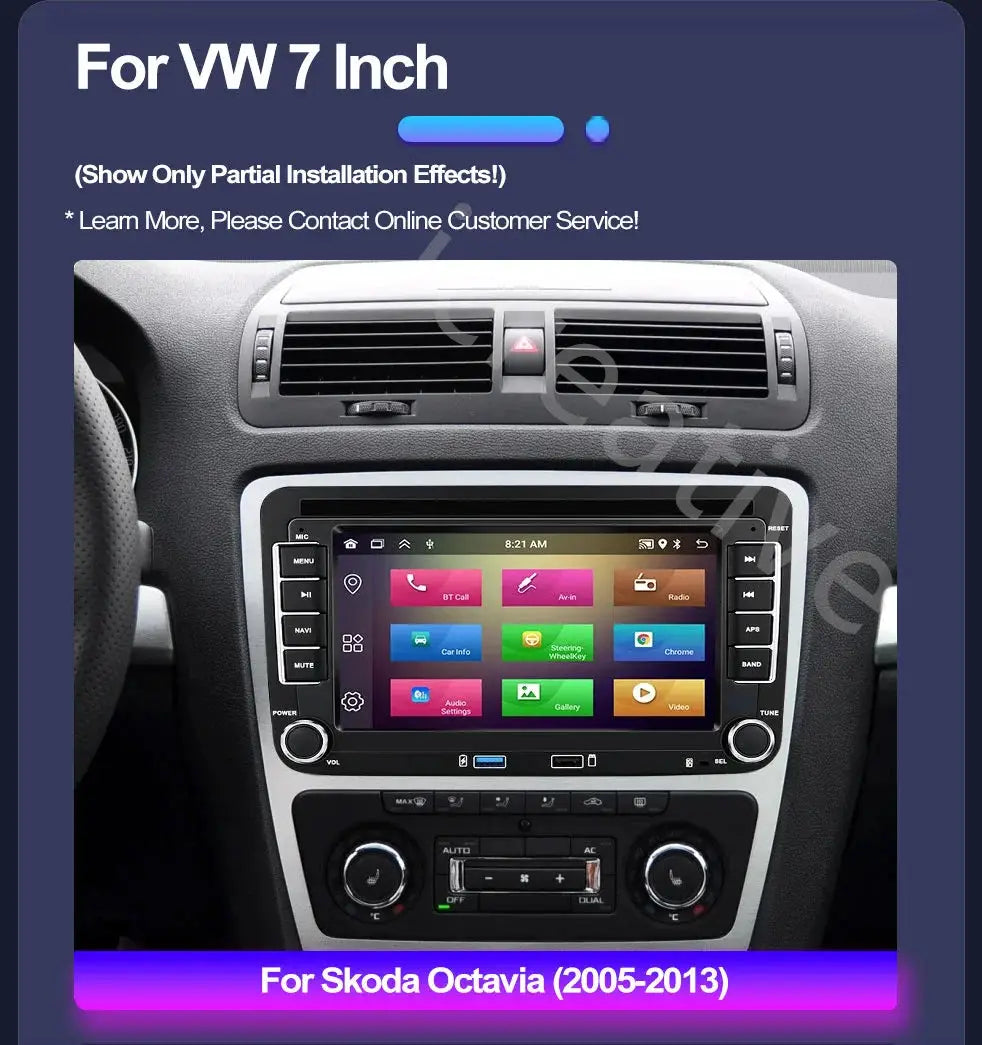 Black 2-DIN Android car stereo with 7-inch touchscreen for VW/Skoda dashboard installation