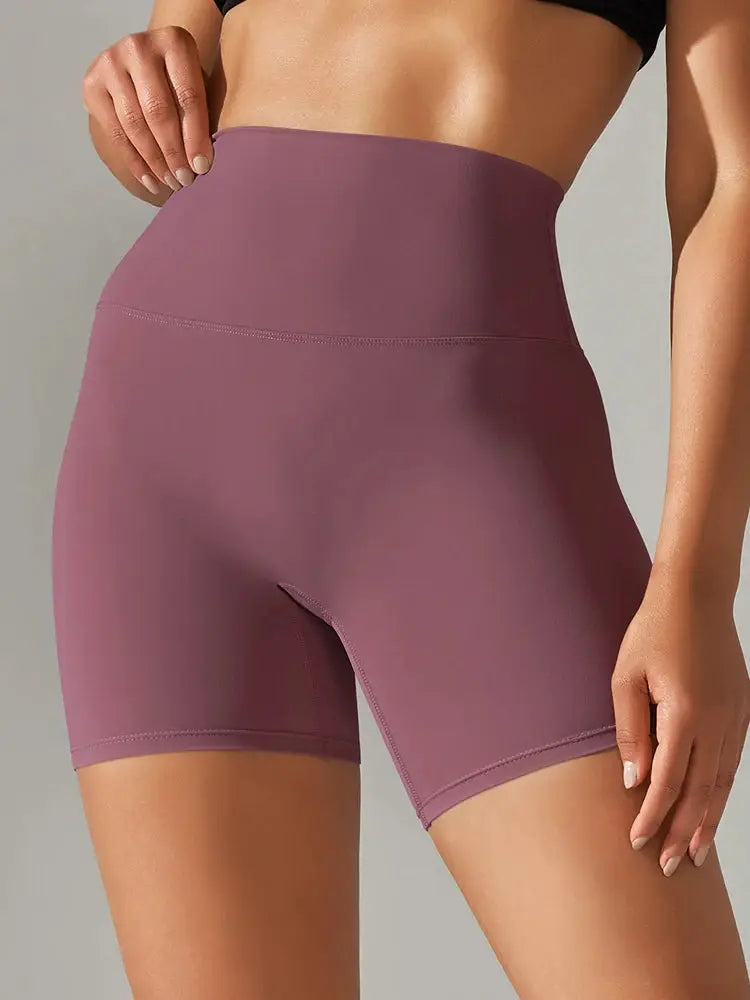 Women's high-waist dusty mauve sports shorts; squat-proof, quick-drying fitness bottoms for workouts