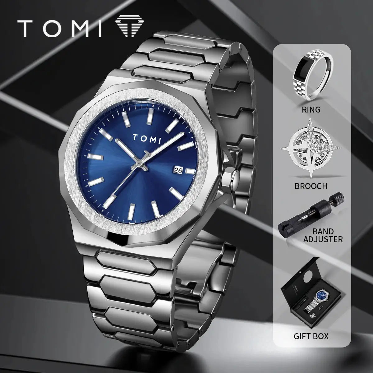 TOMI Luxury Mens Quartz Watch Gift Box Set Rose Gold Case Minimalist Numberless Dial With Calendar Feature
