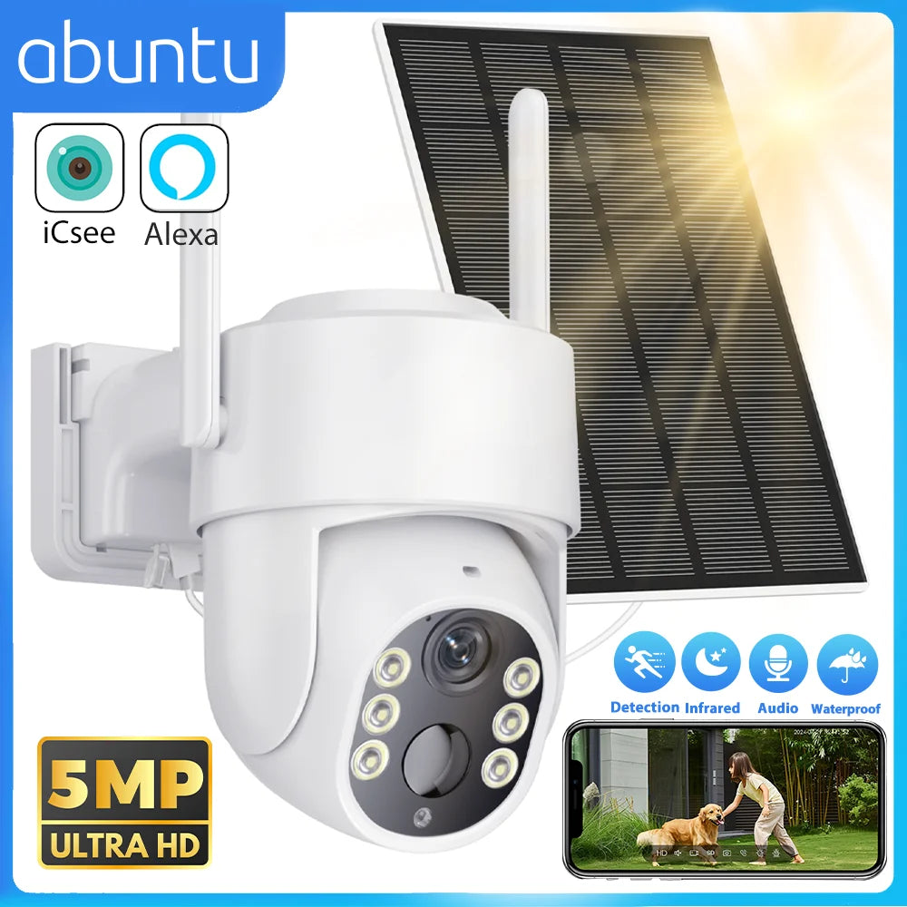 Outdoor solar wireless camera, 5MP HD, white housing with solar panel and antenna