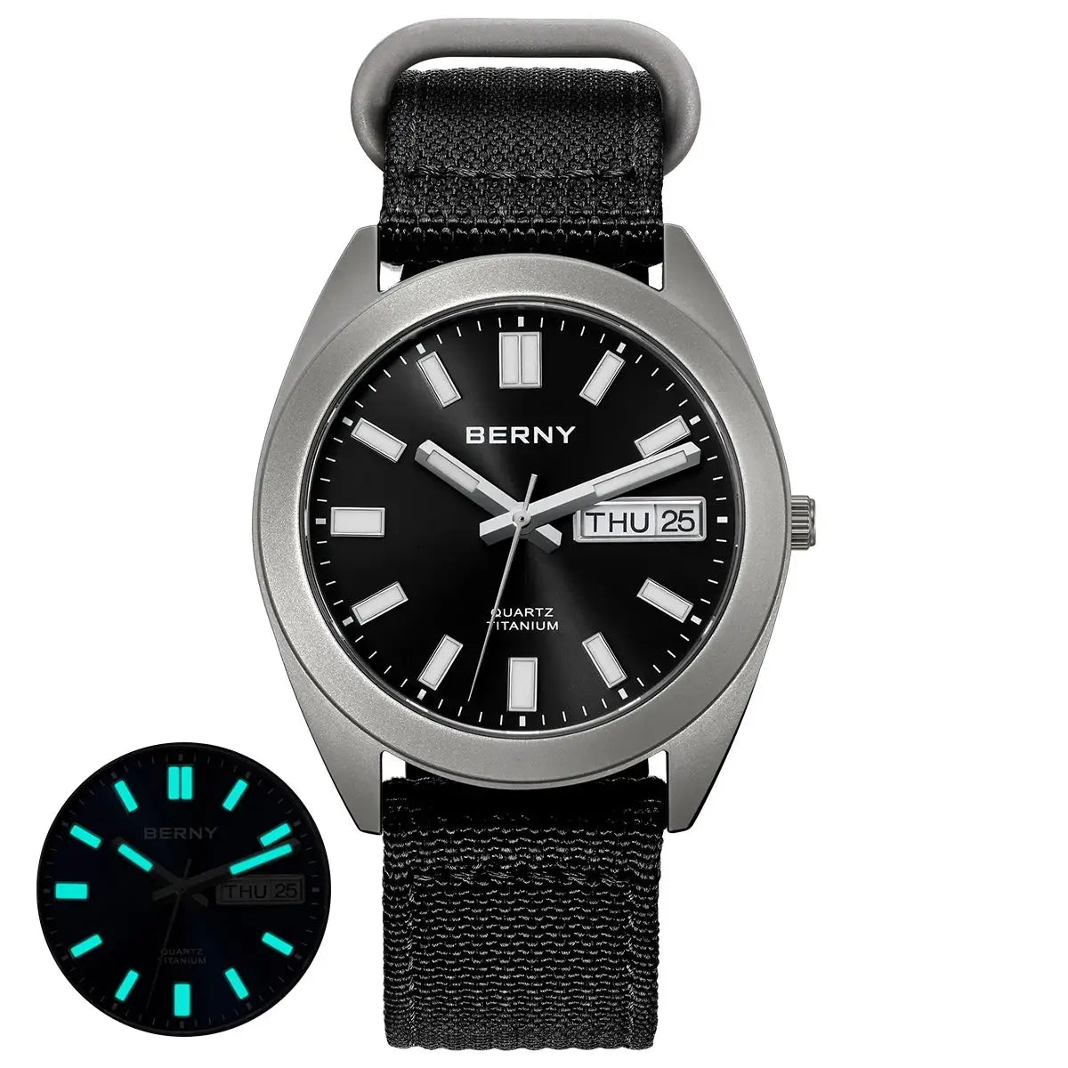 BERNY titanium watch for men with black dial, silver case and black fabric strap; luminous markers and date window