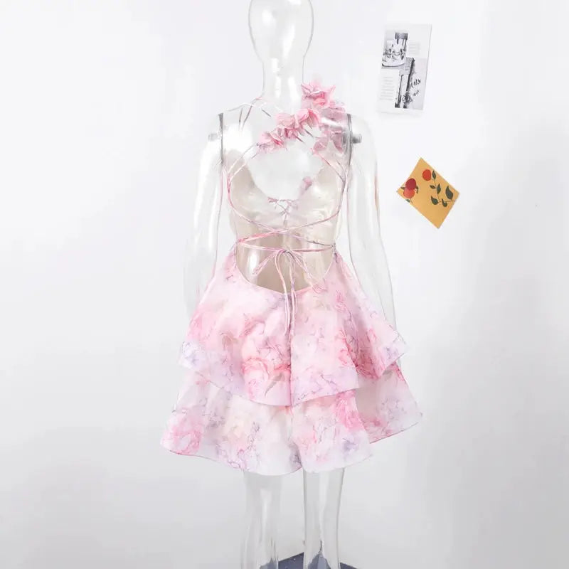 Floral Printed Backless Mini Dress Sleeveless A Line Party Clubwear