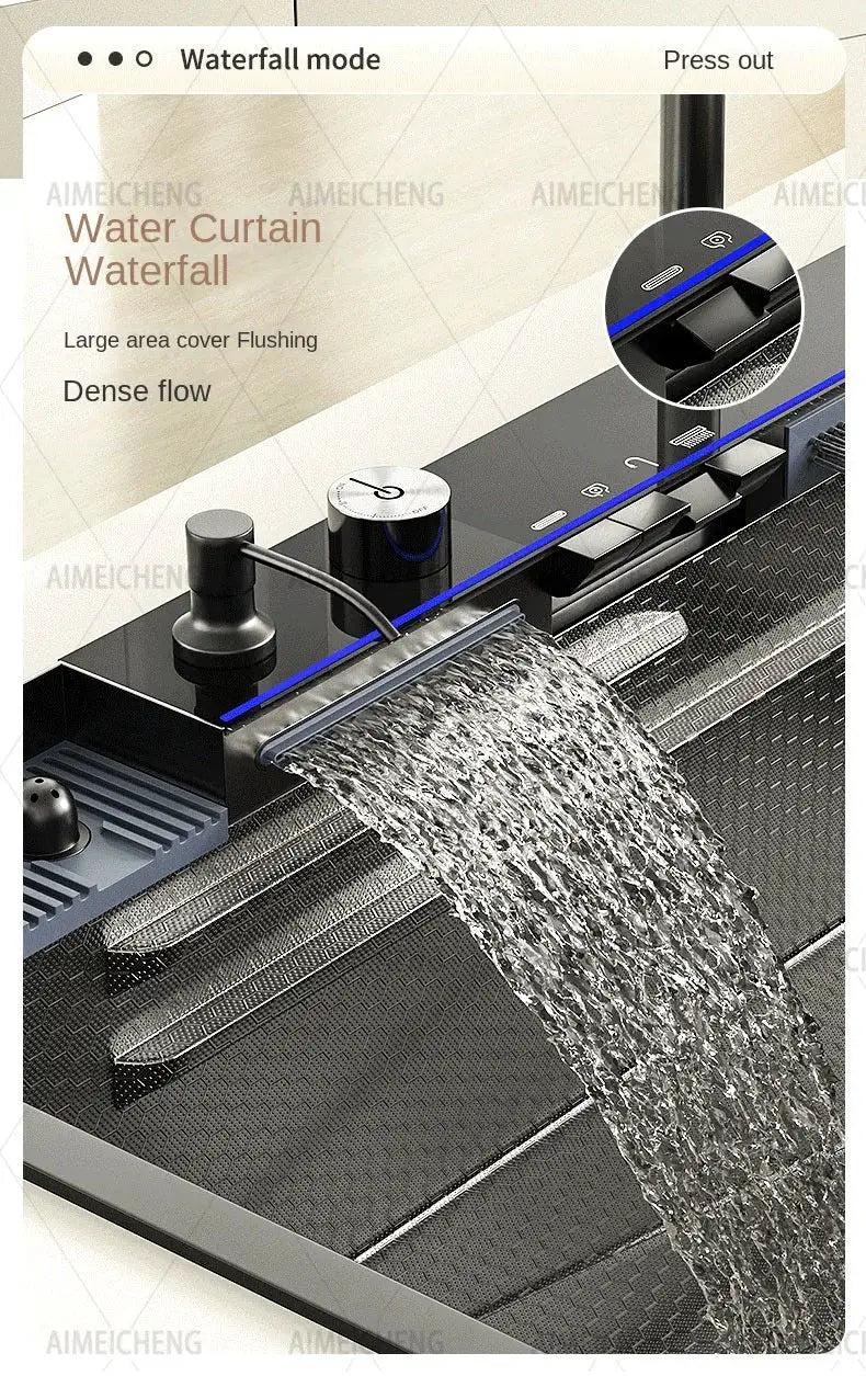 Stainless steel waterfall kitchen sink faucet with left-side drainage and black control panel