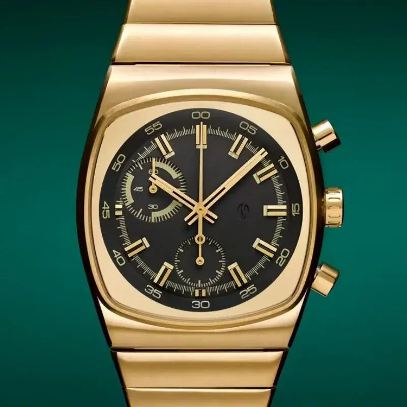 CILOA men square quartz chronograph watch with gold-tone case and bracelet, black dial