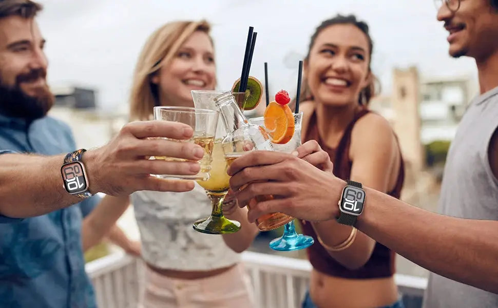 Parachute braided Apple Watch strap in black/gray on two wearers toasting drinks, fits 41–49mm Simples Market