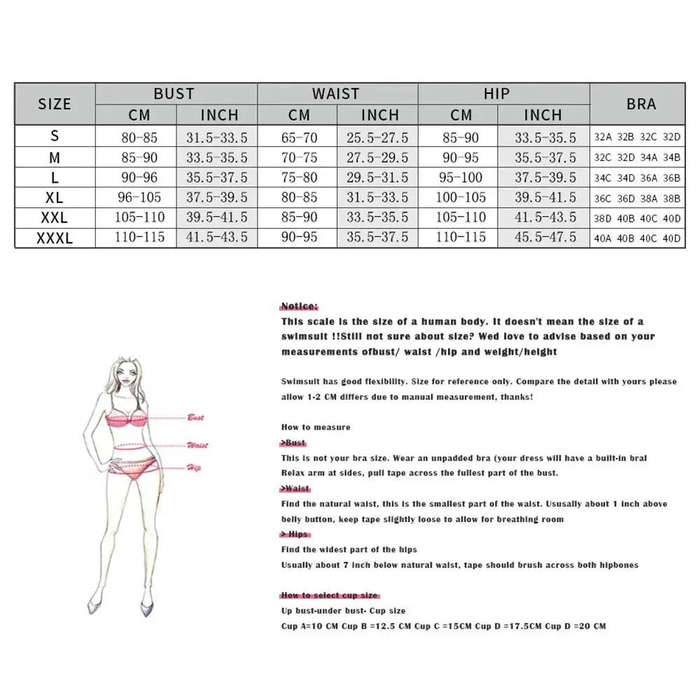 Simples Market micro bikini set for women, pink stripe print swimsuit with top and bottom, size chart illustration