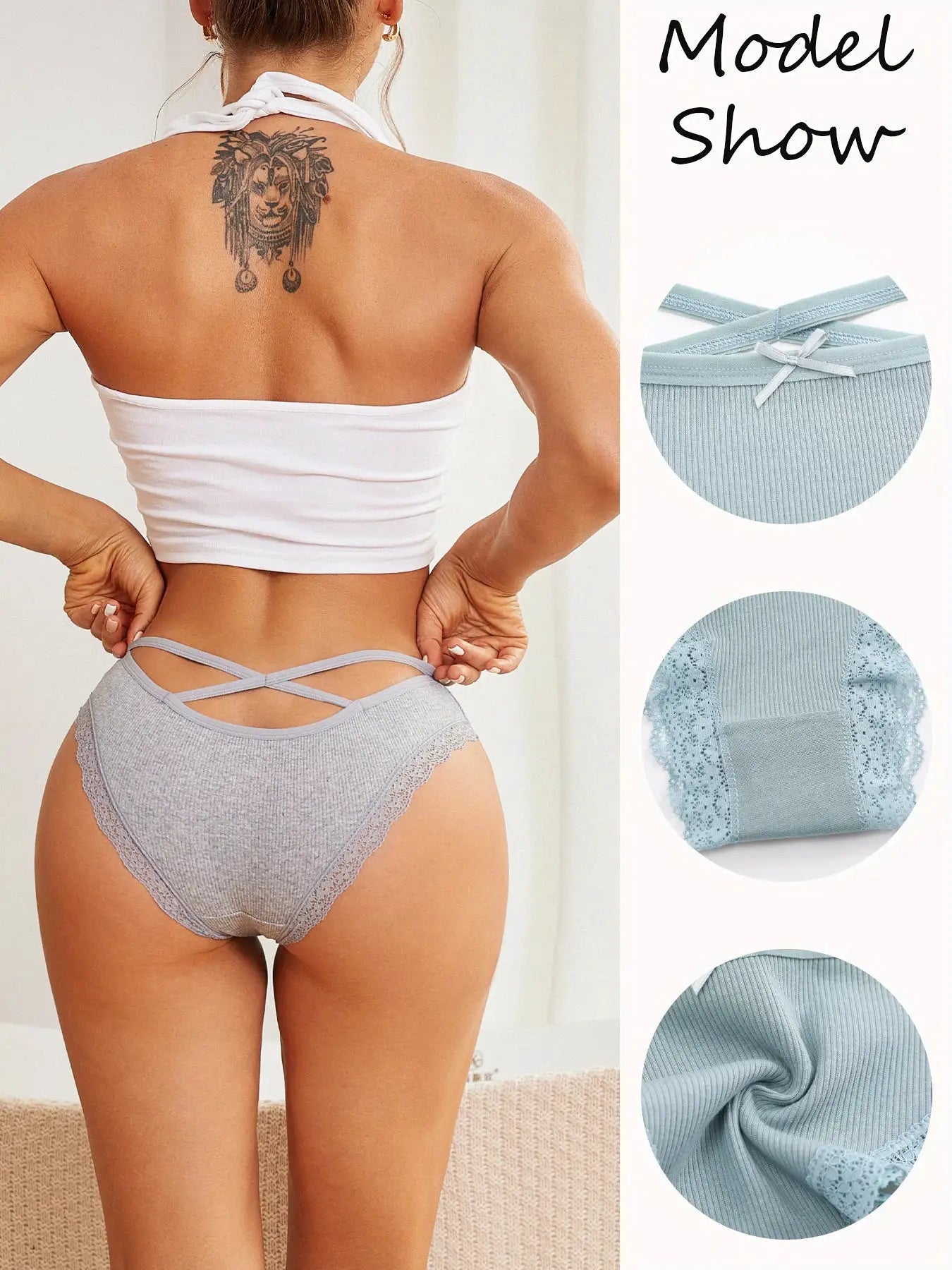 5-pack women's gray cotton lace briefs with back criss-cross straps and lace trim