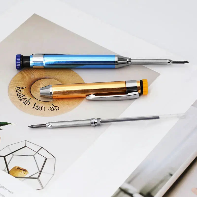 3-piece metal carpenter pencil set with built-in sharpener caps; blue and gold finishes