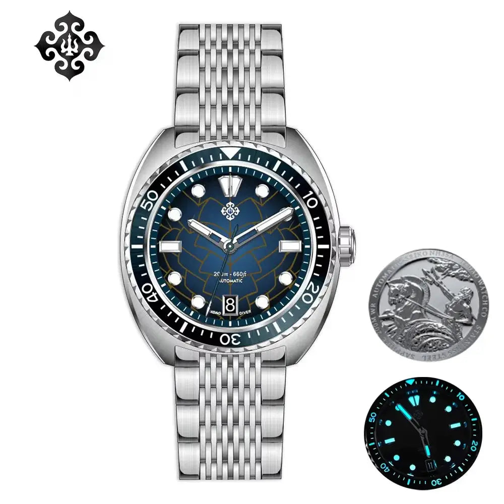 IXDAO IPOSE 2026 automatic diving watch by Simples Market with Poseidon-pattern blue dial and stainless steel bracelet.
