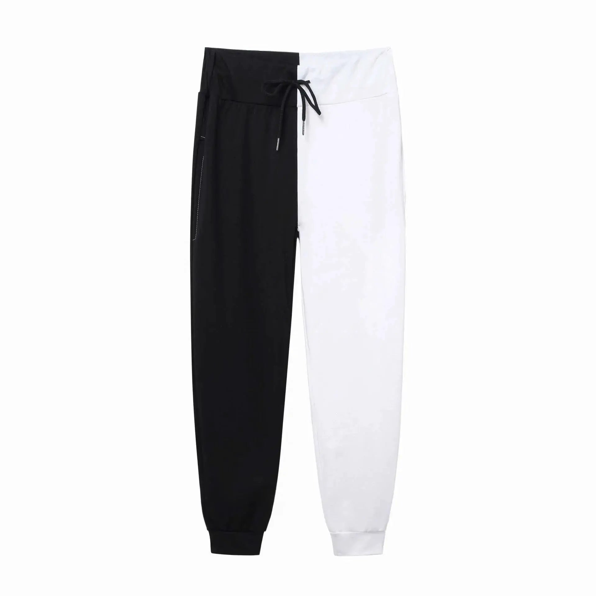 Two-tone black and white sweatpants with a drawstring waist, unisex athletic loungewear