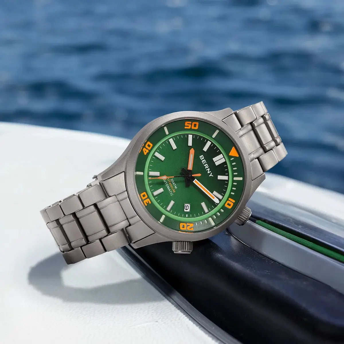 BERNY diver watch with green dial and stainless steel bracelet