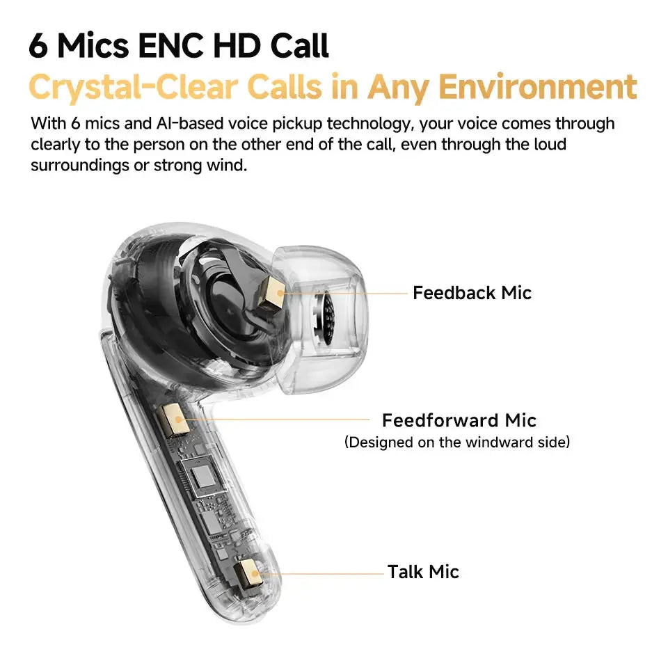 QCY MeloBuds Pro wireless earbuds with transparent casing and visible internal components