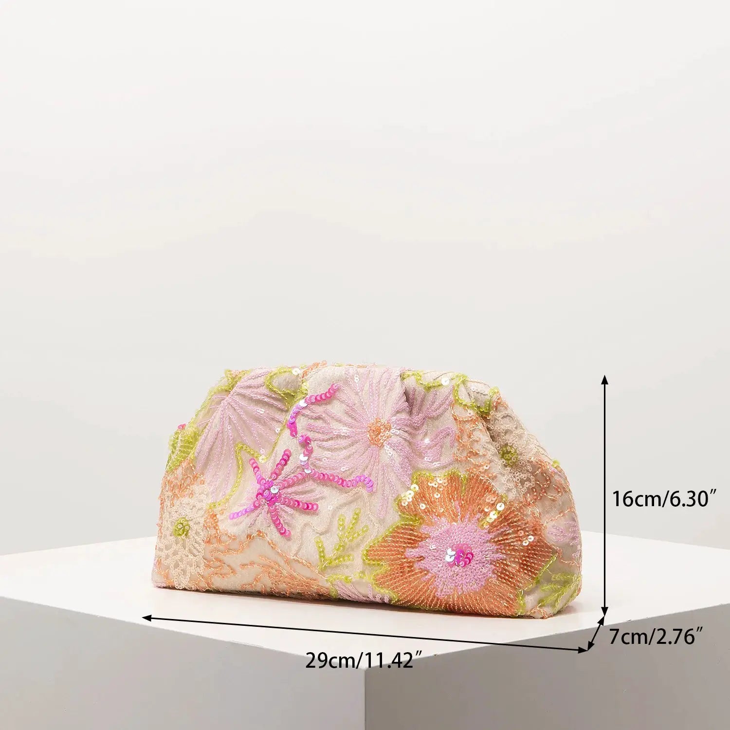 Clutch bag with pastel sequin embroidery and floral motif, Simples Market