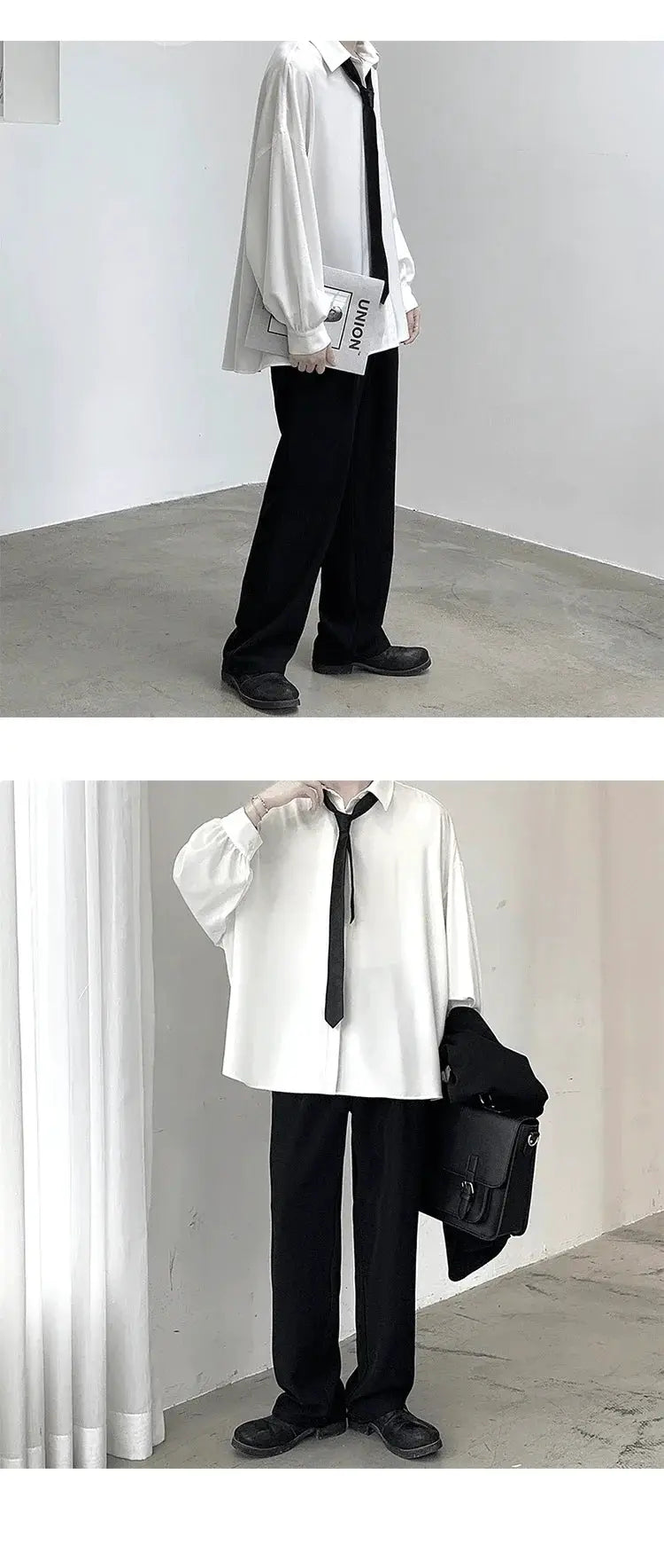 Two-piece Korean style outfit: oversized white shirt with black tie and black wide-leg pants for men by Simples Market