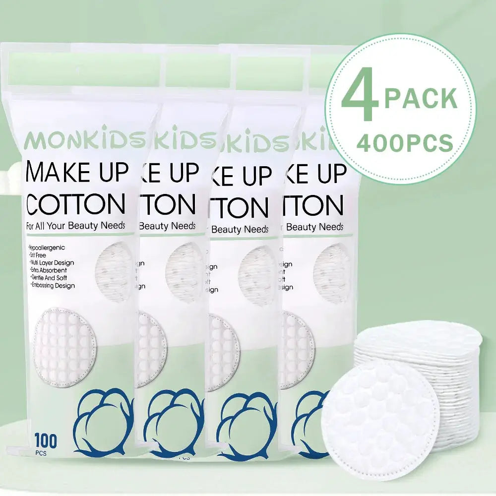 4-pack round cotton pads (400 pcs), soft breathable with double-sided texture for facial cleansing and makeup removal