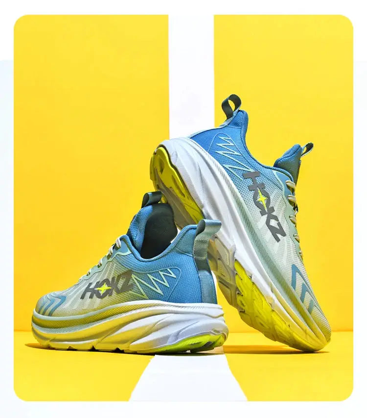 Simples Market men's running shoes pair, breathable blue mesh with white midsole and yellow outsole.