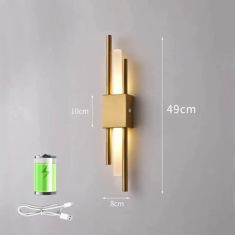 Nordic LED wall lamp by Simples Market, gold metal modern wall light, rechargeable with USB cable.