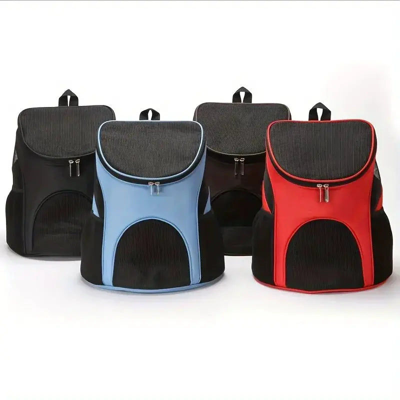 Four portable mesh dog backpacks in black, blue, gray, and red; breathable, foldable, large-capacity carriers.