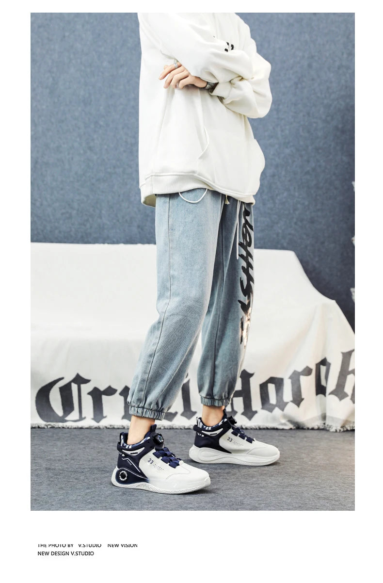 Mens sneakers by Simples Market with rotating buckle, navy and white, non-slip outdoor shoes.