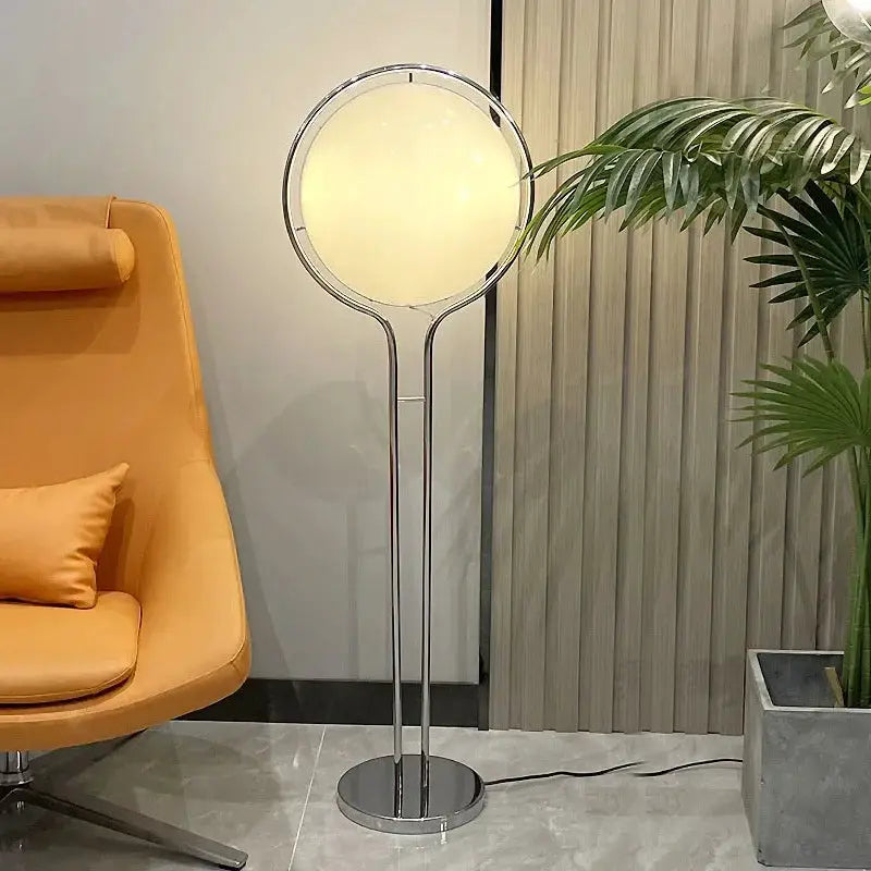 Floor lamp with circular white acrylic shade and chrome frame by Simples Market