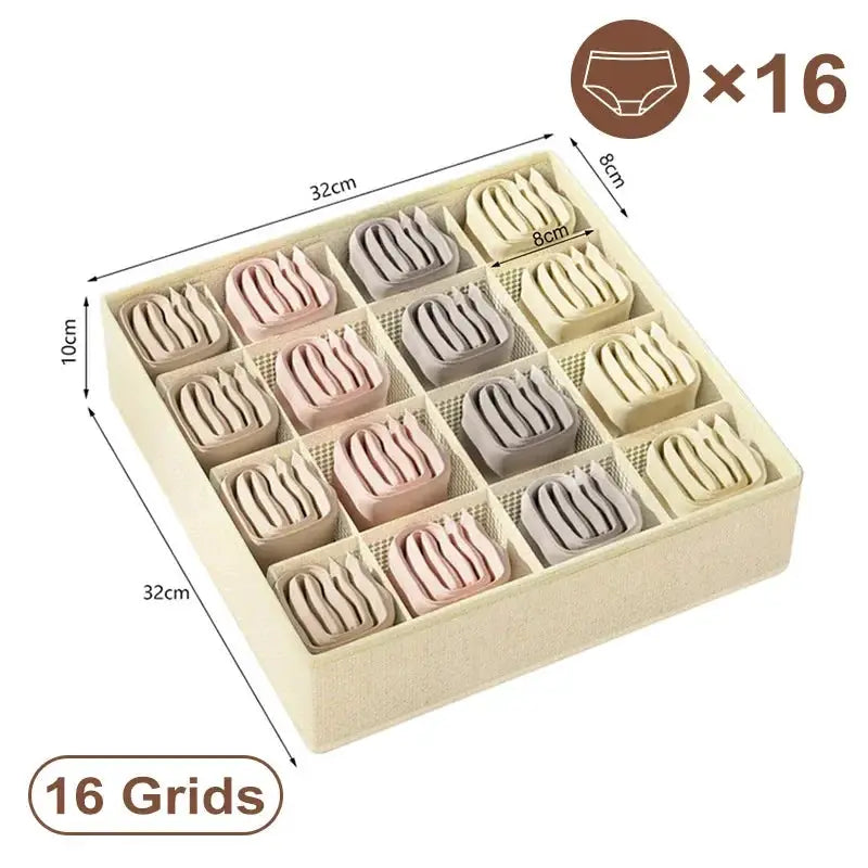 Simples Market 16-grid underwear organizer storage box in beige fabric for bras, panties and socks.