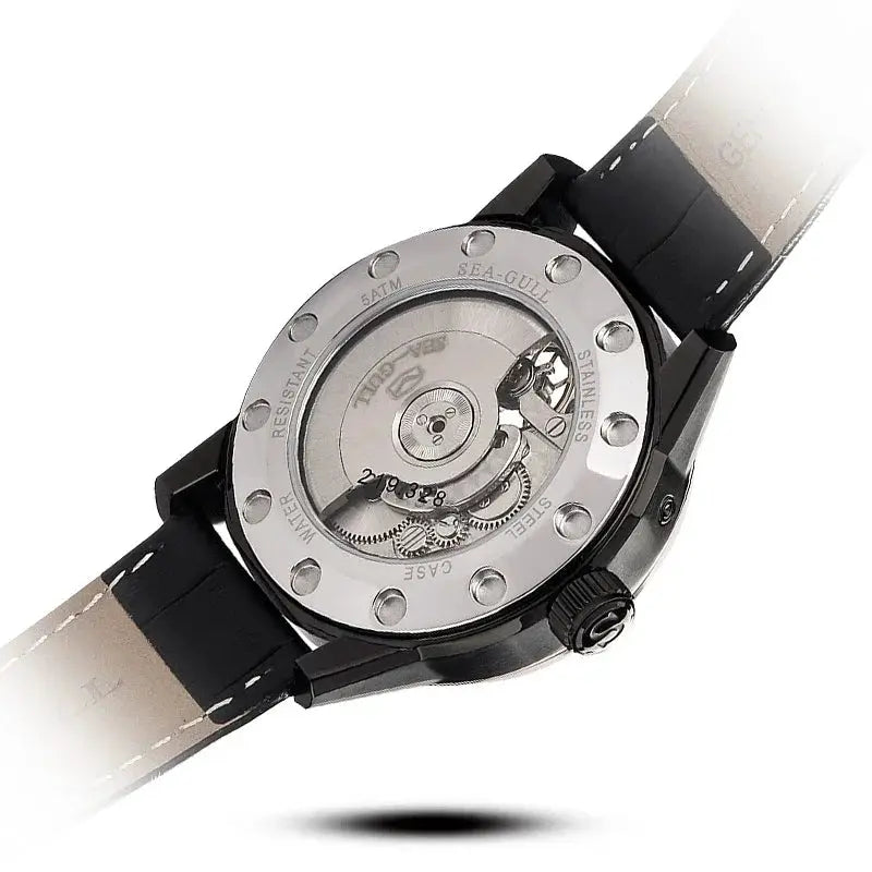 Seagull men's automatic watch with transparent case back, visible movement, black leather strap
