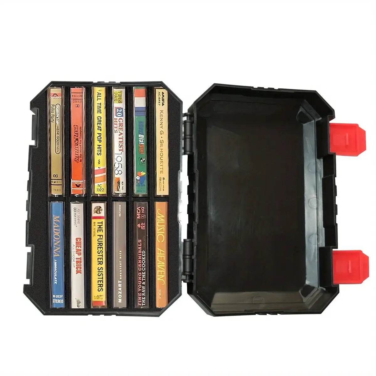Simples Market plastic storage organizer box for small hardware, black with red latches, filled with cassette tapes