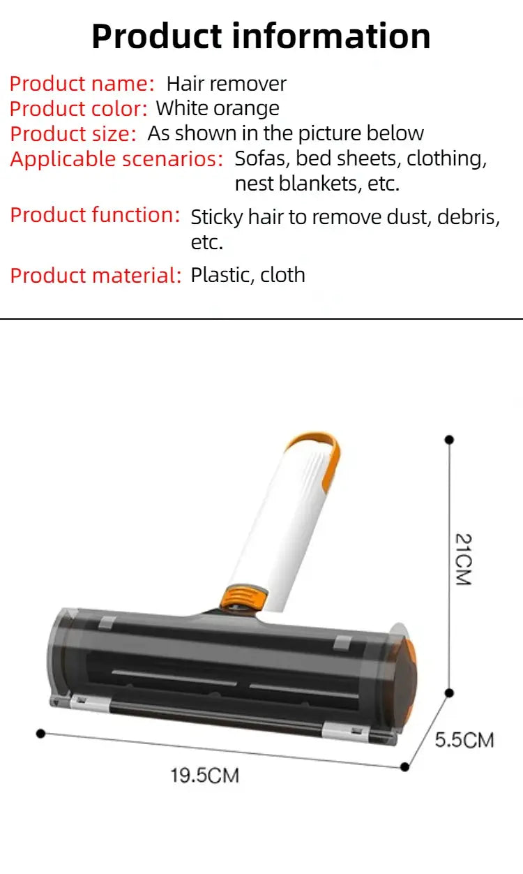 Pet hair remover roller by Simples Market; white and orange handheld lint tool for clothes and sofas