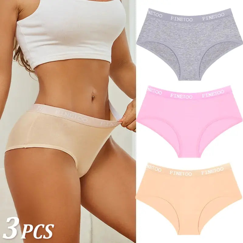 3Pcs women's cotton briefs set with Finetoo waistband in gray, pink, and peach